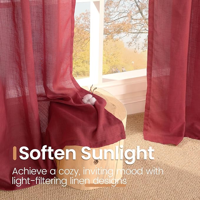 BGment Burgundy Linen Kitchen Curtains 40 Inch Length, Short Semi Sheer Drapes with Rod Pocket for Cafe Bathroom Over Sink Windows Lightweight, 2 Panels Set, Each 42 Inch Wide