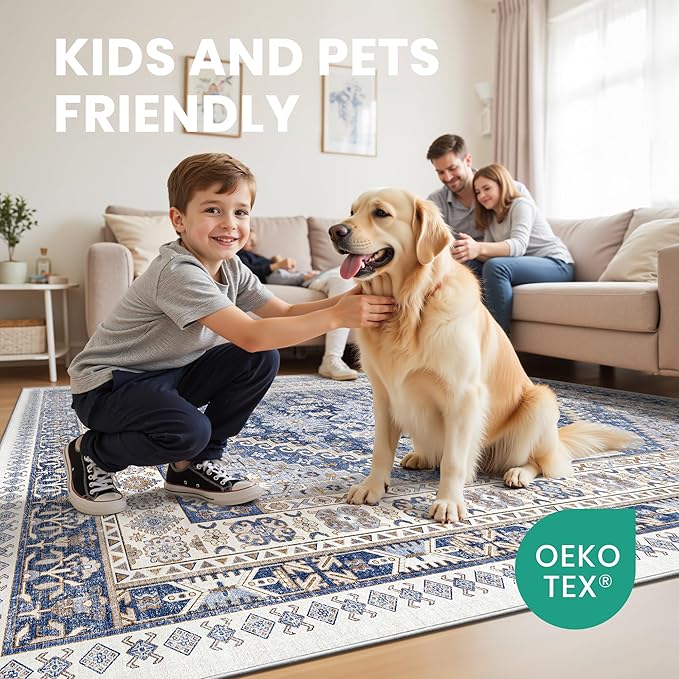 zesthome 9x12 Area Rugs,Stain Resistant Washable Rug,Ultra-Thin Rugs for Living Room,Bedroom,Non-Slip Backing Home Decor Large Area Rug (Blue/Beige,9'x12')