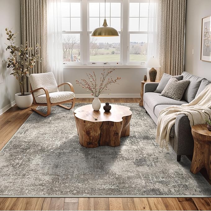 Area Rugs 9x12 for Living Room Bedroom, Modern Abstract Machine Washable Rug, Large Soft Low Pile Floor Carpet with Non Slip Backing for Dining Room, Grey