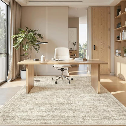 5x8 Area Rugs Beige Low Pile Indoor Washable Trendy Faded Style Rugs for Bedroom Living Room Dining Room Foldable Non-Slip Thin Print Home Office Mat