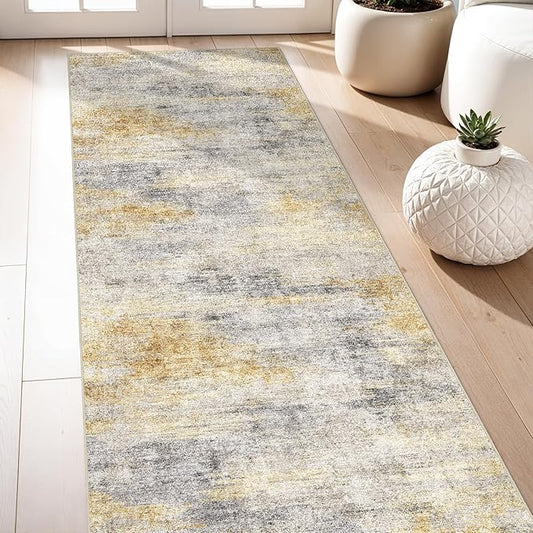 3x7 Washable Kitchen Runner Rug: Modern Abstract Runners for Hallway Soft Non Slip Rugs with Rubber Backing Low Pile Thin Floor Carpet for Entryway Bedroom Bathroom Bedside Indoor(Grey/Yellow,3x7)