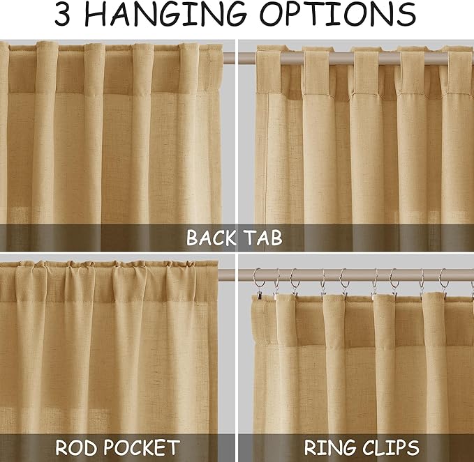Gold Yellow Linen Curtains 72 Inch Length for Living Room Sheer Lightweight Door Drapes 2 Panels Set for Kids Bedroom Light Filtering Back Tab Rod Pocket Curtain for Kitchen Protect Privacy 52x72