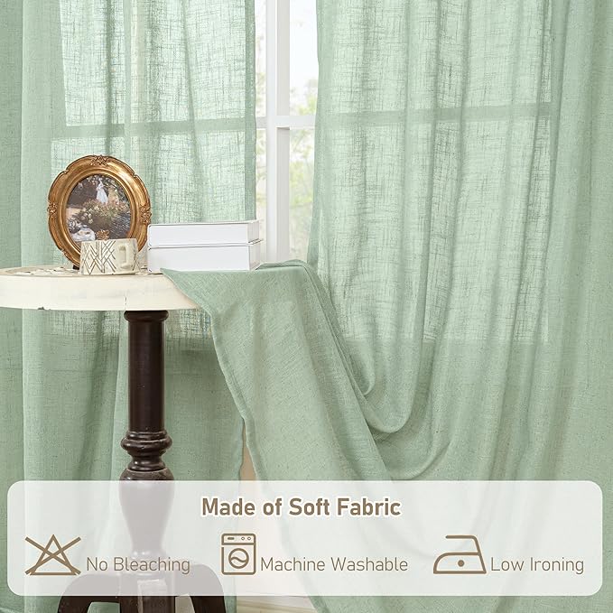 LAMIT Fresh Green Linen Boho Curtains 68 inch Length 2 Panels, Light Filtering Semi Sheer Panels Back Tab and Rod Pocket Neutral Drapes for Bedroom/Living Room, 52 x 68 Inch