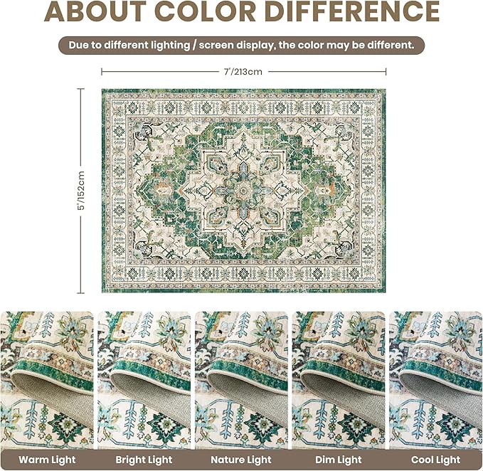 zesthome WashableRug 5x7 Area Rugs,Stain Resistant Rugs for Living Room,Bedroom,Non-Slip Backing Home Decor Rug, Vintage Medallion Pattern Rugs (Green,5'x7')