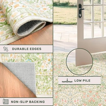 Vintage Beige Green 2'6" x 8' Runner Rug for Kitchen, Hallway, Bathroom, Entryway Indoor, Laundry Room, Washable Non Slip Rubber Backing Stain Resistant