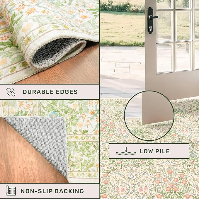 Hazo Haus Beige Green Bedroom Rug 5x7 Area Rug for Living Room, Vintage Washable Floral Rugs for Nursery, Dining Room, Light Green Non Slip Stain Resistance Distressed Retro Low Pile Floor Mat Indoor