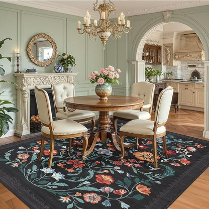 GarveeHome Washable Rug 8x10 Area Rugs for Living Room, Floral Rug for Bedroom, Soft Vintage Non Slip Throw Rugs with Rubber Back, Low Pile Stain Resistant Boho Floral Carpet for Dining Room, Black