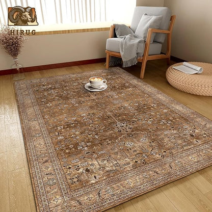 Washable Area Rug 9' x 12' Vintage Traditional Persian Mat - Foldable Distressed Non-Slip Machine Washable Carpet for Living Room Bedroom Kitchen Home Decor - Bronze and Ivory