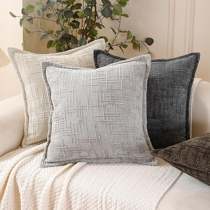HPUK Fall Chenille Soft Throw Pillow Covers 18x18 Set of 2, Accent Cushion Covers for Living Room, Bedroom, Decorative Solid Color Pillow Covers for Couch, Sofa, Chair, Dark Grey