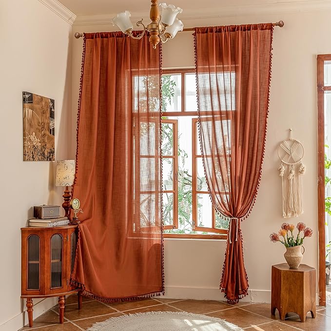 MYSKY HOME Semi Sheer Short Macrame Curtains for Window Treatment,Bohemian Country Home Decor Light Filtering Privacy Protect Back Tab Drapes，50" W×63" L, Terracotta, 2 Pieces
