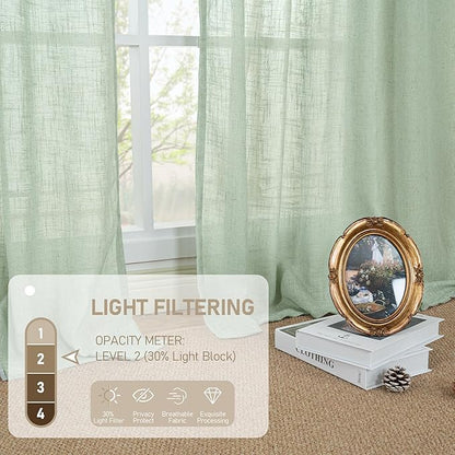 LAMIT Fresh Green Linen Boho Curtains 68 inch Length 2 Panels, Light Filtering Semi Sheer Panels Back Tab and Rod Pocket Neutral Drapes for Bedroom/Living Room, 52 x 68 Inch