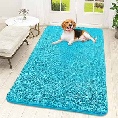 OLANLY Dog Door Mat for Muddy Paws 59x32, Absorbs Moisture and Dirt, Absorbent Non-Slip Washable Doormat, Quick Dry Chenille Mud Mat for Dogs, Entry Indoor Entryway Carpet for Inside Floor, Aqua Blue