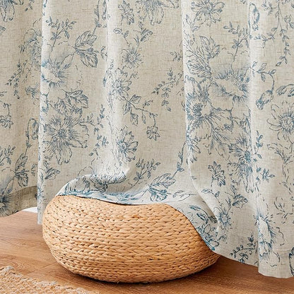 jinchan Lined Linen Blend Curtain Floral Curtains for Living Room 63 Inch Length Blue Peony Flower Printed Curtain Rod Pocket Back Tab Farmhouse Patterned Drapes Bedroom Window Curtains Set 2 Panels