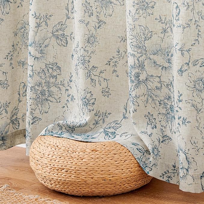 jinchan Lined Linen Blend Curtain Floral Curtains for Living Room 84 Inches Long Blue Peony Flower Printed Curtain Rod Pocket Back Tab Farmhouse Patterned Drapes Bedroom Window Curtains Set 2 Panels