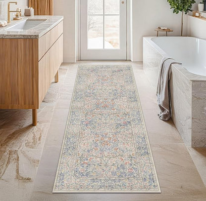 Hazo Haus Washable Bathroom Runner Rug 2x6 - Long Runner Rugs for Laundry Room, Bedroom, 24 x 72 Kitchen Floor Mat - Non Slip Vintage Design Décor, Beige Blue