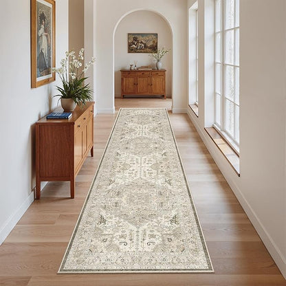 Madane Washable Runner Rug - 2x8 Runners for Hallways Kitchen Non-Slip Runner Rugs Ultra-Thin Laundry Room Rug Throw Carpet Runner for Entrance Living Dinning Room Foyer (Ivory/Brown, 2 x 8)