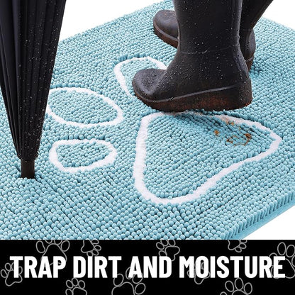 Smiry Dog Door Mat for Muddy Paws, Absorbent Dirt Trapper Non Slip Quick Dry Washable Chenille Mat for Mud Dogs, Entry Rug for Indoor and Outdoor (48x30 Inches, Sky Blue and White)