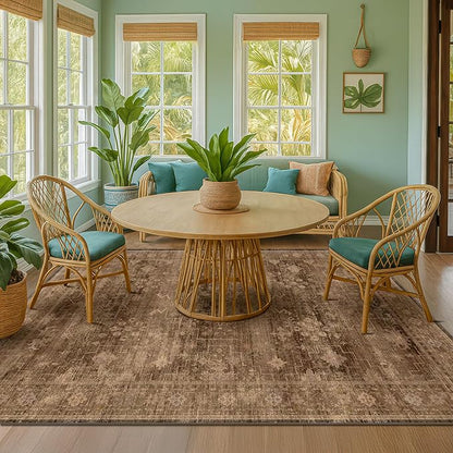 Hazo Haus Boho Taupe Brown 5x7 Living Room Rug - Modern Vintage Traditional Oriental Neutral, Washable Low Pile Non-Slip Large Area Rugs for Nursery Dining Under Table