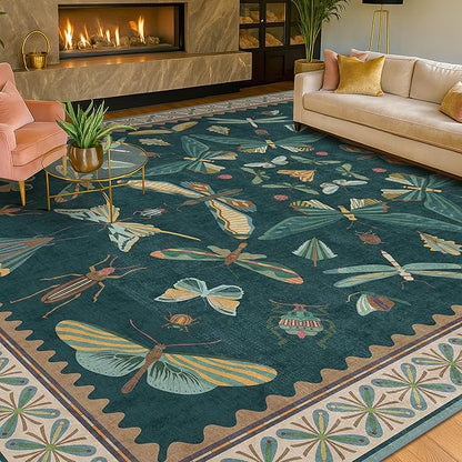 Insect Boho 7X9 Washable Living Room Rug - Bugs, Butterfly, Bees,Soft Area Rugs for Bedroom, Dining Room Under Table, Home Office with Butterfly Design, Stain Resistant Carpet (Green)