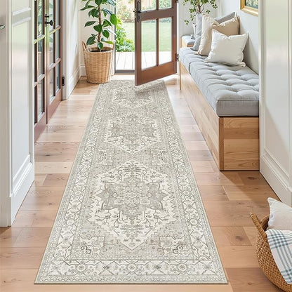 Madane Runner Rug 2x8, Washable Hallway Runner Rugs, Non-Slip Low-Pile Soft Kitchen Rug Runner Laundry Room Rug, Vintage Throw Entry Foyer Mat for Entrance Living Room (Beige/Brown, 2 x 8)