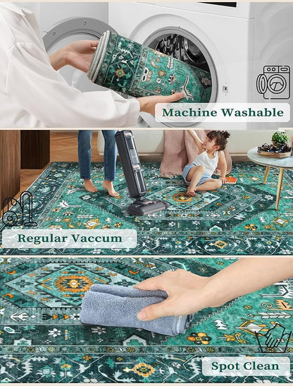 SERISSA Boho Washable Runner Rug, 2x6 Rug Runner Non-Slip Vintage Teal Hallway Kitchen Runner Rug Ultra Soft Print Distressed Tribal Floor Carpet Runner for Bedroom Bathroom Laundry Living Room
