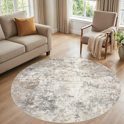 UERMEI 6ft Round Area Rug Living Room Rugs - 6x6 Washable Neutral Modern Abstract Soft Thin Rug Indoor Floor No Slip Rug Carpet for Bedroom Under Dining Table Home Office Decor - Brown Grey