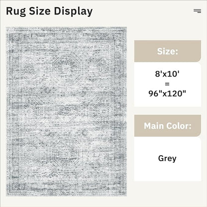 Washable Area Rug 8x10, Large Soft Rugs for Living Room Farmhouse Vintage Gray Area Rugs for Bedroom Dining Room Non-Slip Stain Resistant Under Table Rug Grey