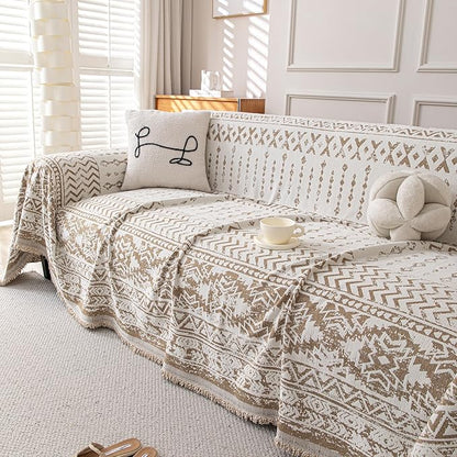 Boho Chenille Couch Cover for Dogs, Non Slip Sofa Cover, Couch Slipcover Covers for 3 Cushion, Furniture Protector with Tassels for Pets Washable, 71"x118", Geometric Khaki