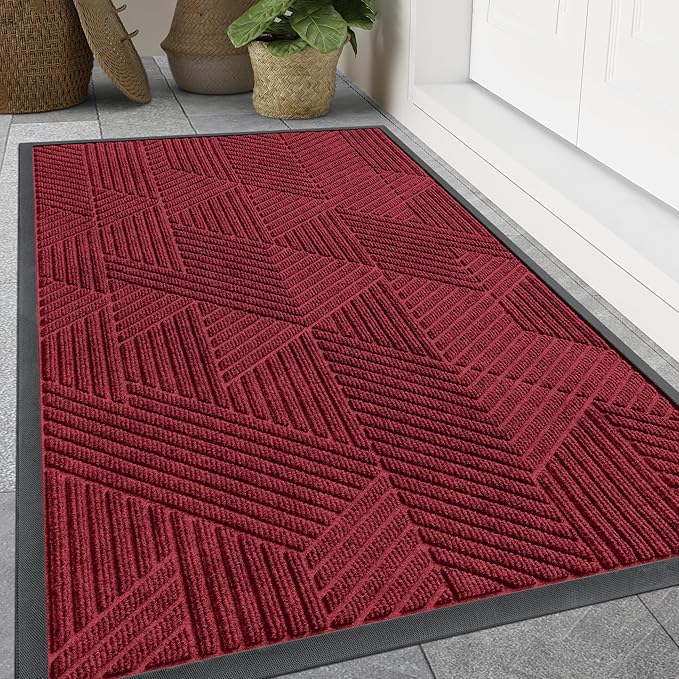 Smiry Front Door Mat Outside Entrance, Heavy Duty Sturdy Natural Rubber Doormat, Trap Dirt and Moisture, Easy Clean Low Profile Welcome Floor Mats for Indoor Outdoor Entry, 71x23 Inch, Wine Red