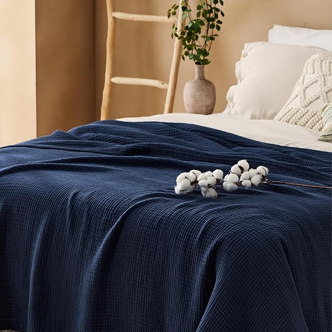 Bedsure 100% Cotton Muslin Blanket King Size for Bed - 4-Layer Breathable and Lightweight Thin Soft Summer Gauze Muslin Blanket for Adults, Navy Blue, 108x90 Inches