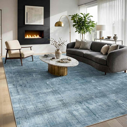 Latte&Fog 10x14 Area Rug for Living Room, Extra Large Blue Modern Abstract Washable Rugs, Boho Non Slip Low Pile Carpet for Indoor Bedroom Dining Room, Office, Dorm, Classroom and Farmhouse - Blue