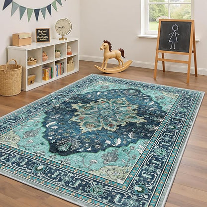 RELEANY Area Rugs 4'x6' Washable Non-Slip, Floral Vintage Distress Print Pattern Medallion Carpet for Living Room Bedroom Dining Room, Teal Green Lake Blue Turquoise