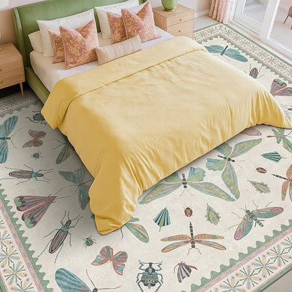 7x9 Green Butterfly Rugs for Kids Bedroom - Washable Insect Area Rug for Living Room, Dining Room Under Table, Boho Girls Room Décor, Low Pile Stain Resistant Carpet