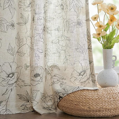 jinchan Linen Floral Curtains for Living Room 84 Inch Length Grey Flower Curtain Rod Pocket Back Tab Farmhouse Curtains with Printed Floral Bedroom Window Curtain Set, 2 Panels Gray