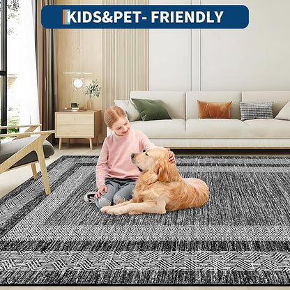 GarveeHome Washable Rug 5x7 Modern Bordered Rug with Non Slip Rubber Backing, Low Pile Thin Carpet, Soft Non Shedding Floor Covering, Foldable Printed Carpet for Living Room Bedroom, Black