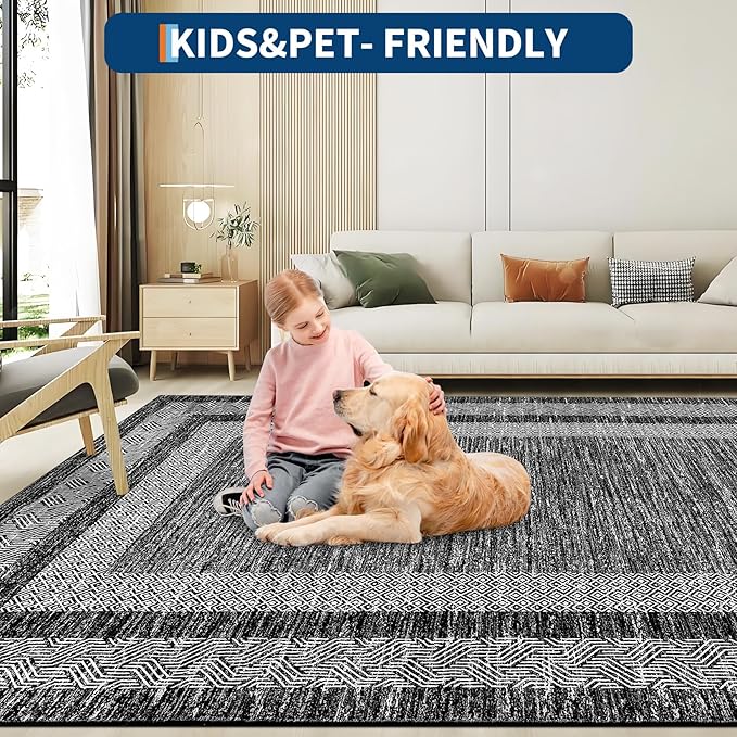 GarveeHome Modern Geometric Rug 4x6 Washable Rug for Living Room, Soft Non Shedding Indoor Carpet with Non Slip TPR Backing, Low Pile Thin Foldable Printed Floor Mats for Dining Room, Black