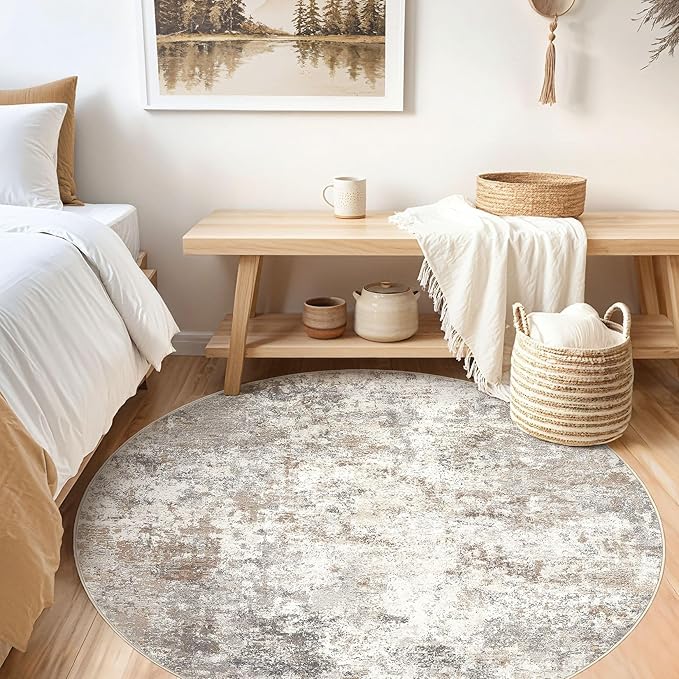 UERMEI 5ft Round Area Rug Living Room Rugs - 5x5 Washable Neutral Modern Abstract Soft Thin Rug Indoor Floor No Slip Rug Carpet for Bedroom Under Dining Table Home Office Decor - Brown Grey