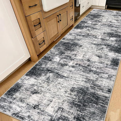 IOHOUZE Abstract Runner Rug 3x14 Ft Washable Runners for Hallways, Non Slip Kitchen Runner Printed Faux Wool Entryway Runner Indoor, Modern Abstract Floor Carpet for Hall Stair, Black Grey