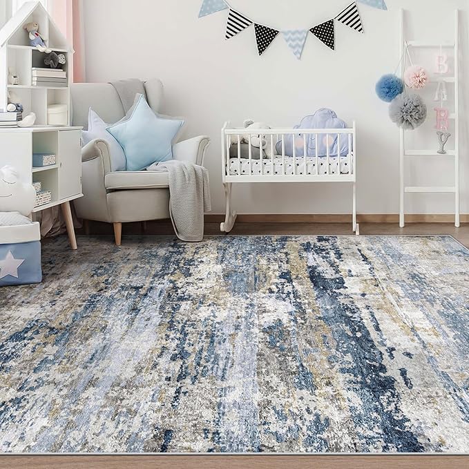 pmtsns Area Rugs 5x7 for Living Room: Washable Rug Modern Abstract Neutral Soft Non-Slip Low-Pile Indoor Carpet for Bedroom Dining Room Playroom Home Office (Blue Grey Brown, 5'x7')