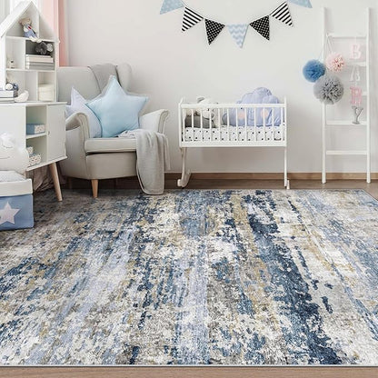 pmtsns Area Rugs 5x7 for Living Room: Washable Rug Modern Abstract Neutral Soft Non-Slip Low-Pile Indoor Carpet for Bedroom Dining Room Playroom Home Office (Blue Grey Brown, 5'x7')