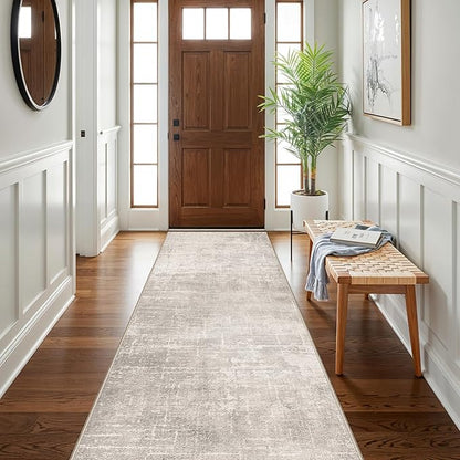Abstract 3x10 Kitchen Rug Runners - Washable 10ft Hardwood Sink Rugs Non-Slip Hallway Entryway Area Rugs Soft Floor Mat Indoor Farmhouse Carpet for Bathroom Living Room Bedroom (3x10,Beige/Cream)