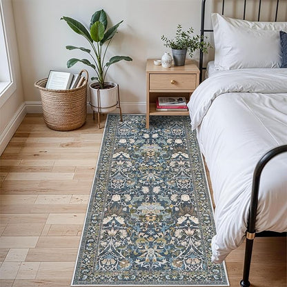 3x6 Washable Entryway Area Rugs: Vintage Easy to Clean Kitchen Rug Runner Soft Non Slip Floor Mat Indoor Farmhouse Carpet for Bathroom Living Room Bedroom Printed Hallway Runners(3x6 Floral/Blue)