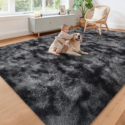 Black Grey Tie-Dyed Rug for Living Room 8x10 Fluffy Area Rug Mat Bedside Throw Rug for Bedroom Kids Room Boys Teens Nursery Baby Dorm Office Home Decor Aesthetic Carpets