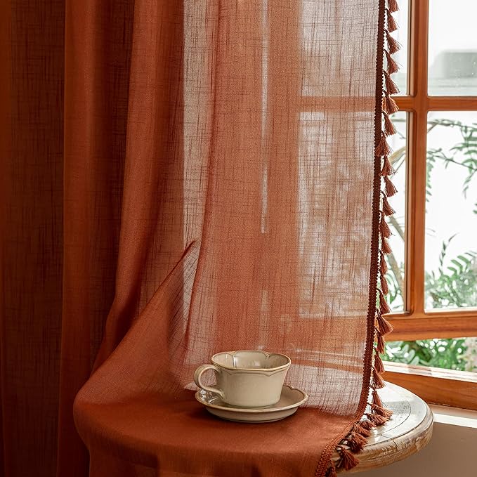 MYSKY HOME Semi Sheer Short Macrame Curtains for Window Treatment,Bohemian Country Home Decor Light Filtering Privacy Protect Back Tab Drapes，50" W×63" L, Terracotta, 2 Pieces