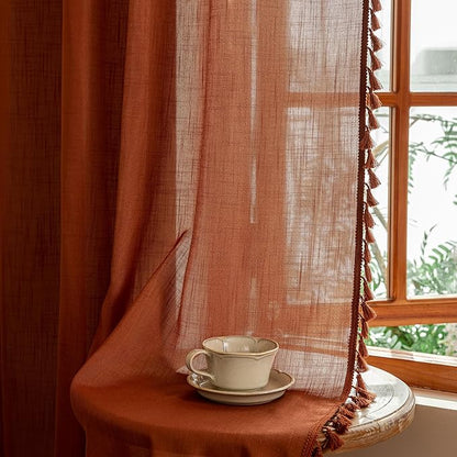 MYSKY HOME Semi Sheer Short Macrame Curtains for Window Treatment,Bohemian Country Home Decor Light Filtering Privacy Protect Back Tab Drapes，50" W×63" L, Terracotta, 2 Pieces
