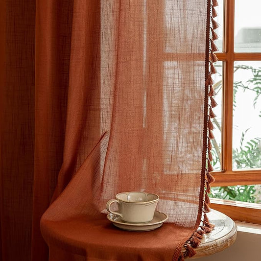 MYSKY HOME Semi Sheer Short Macrame Curtains for Window Treatment,Bohemian Country Home Decor Light Filtering Privacy Protect Back Tab Drapes，50" W×63" L, Terracotta, 2 Pieces
