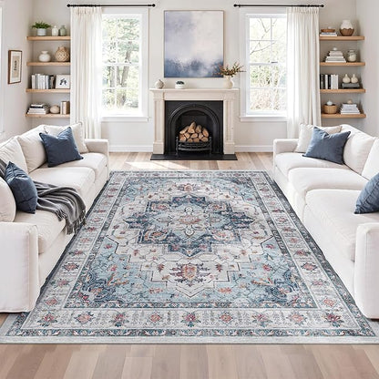 zesthome Washable Rug 5x7 Area Rugs,Stain Resistant Rugs for Living Room,Bedroom,Non-Slip Backing Home Decor Rug, Vintage Medallion Pattern Rugs (Blue,5'x7')