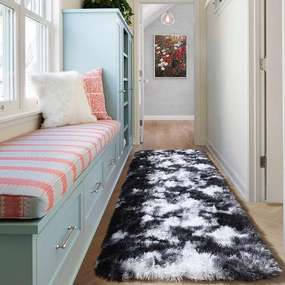 ONASAR Runner Rugs for Bedroom Living Room, Fluffy Black and White 2x6 Bedside Hallway Area Rug, Ultra Soft Plush Furry Faux Fur Non Slip Floor Carpet for Nursery Kids Dorm Closet Home Decor