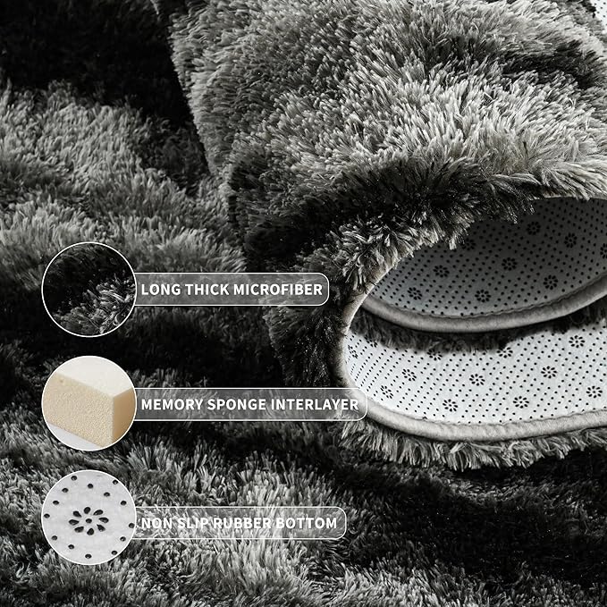 Tepook Fluffy Large Rugs for Living Room, Shag Area Rug 6x9 Soft Carpet for Bedroom, Modern Shaggy Rug for Kids Boys Girls, Plush Indoor Nursery Home Decor Rug with Non-Slip Bottom, Black Grey