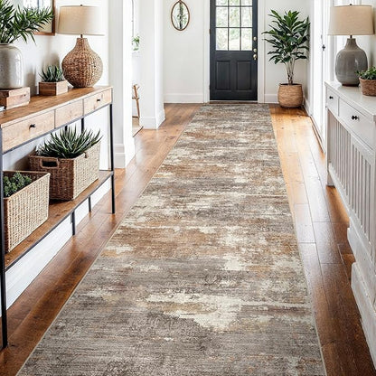 2'6''x14' Washable Kitchen Runner Rug: Modern Abstract Runners for Hallway Soft Non Slip Rugs with Rubber Backing Low Pile Thin Floor Carpet for Entryway Bedroom Bathroom Indoor(Brown/Brick,2'6''x14')